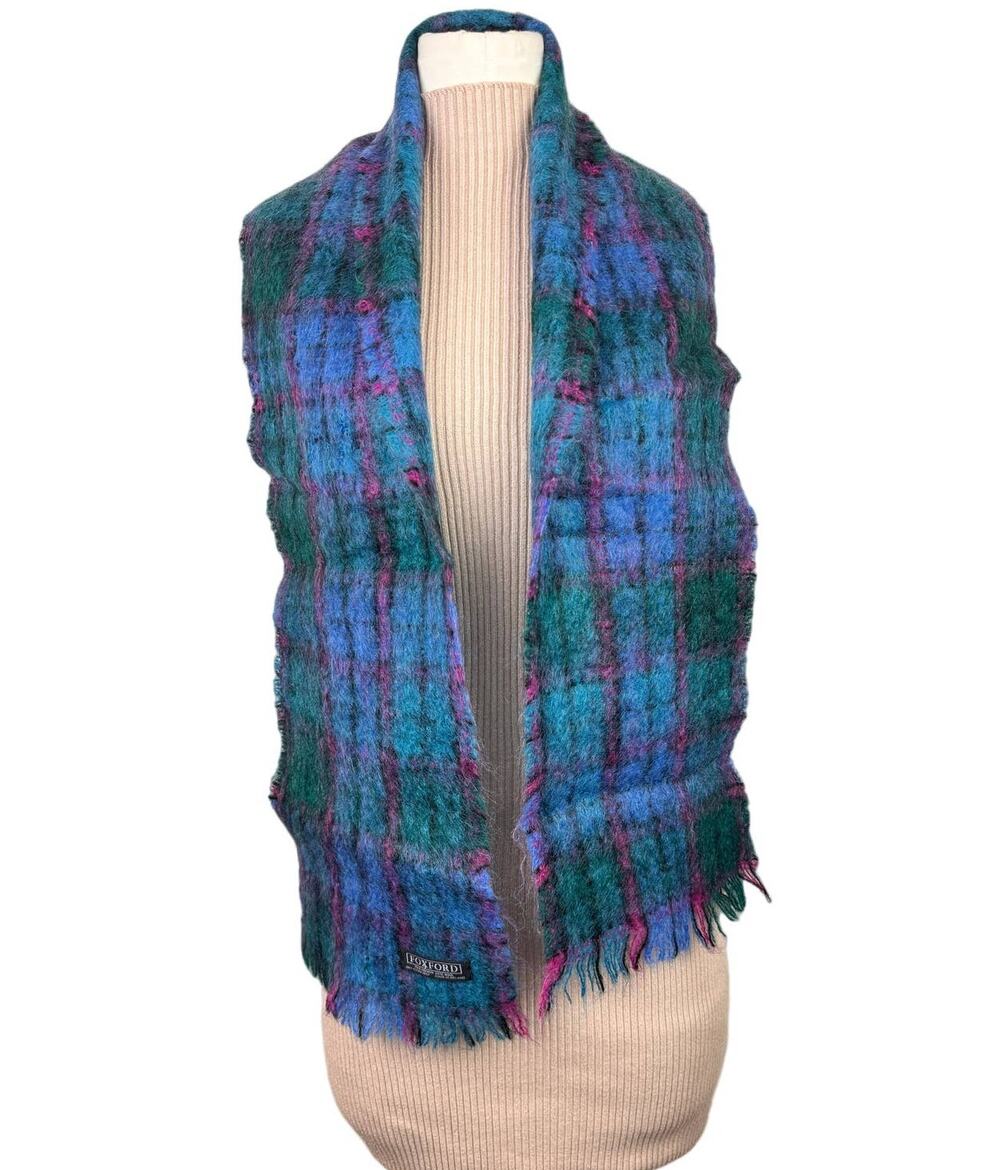 FoxFord IRELAND Blue Green Scarf Wool Mohair Plaid Rectangle Shaped Around Neck